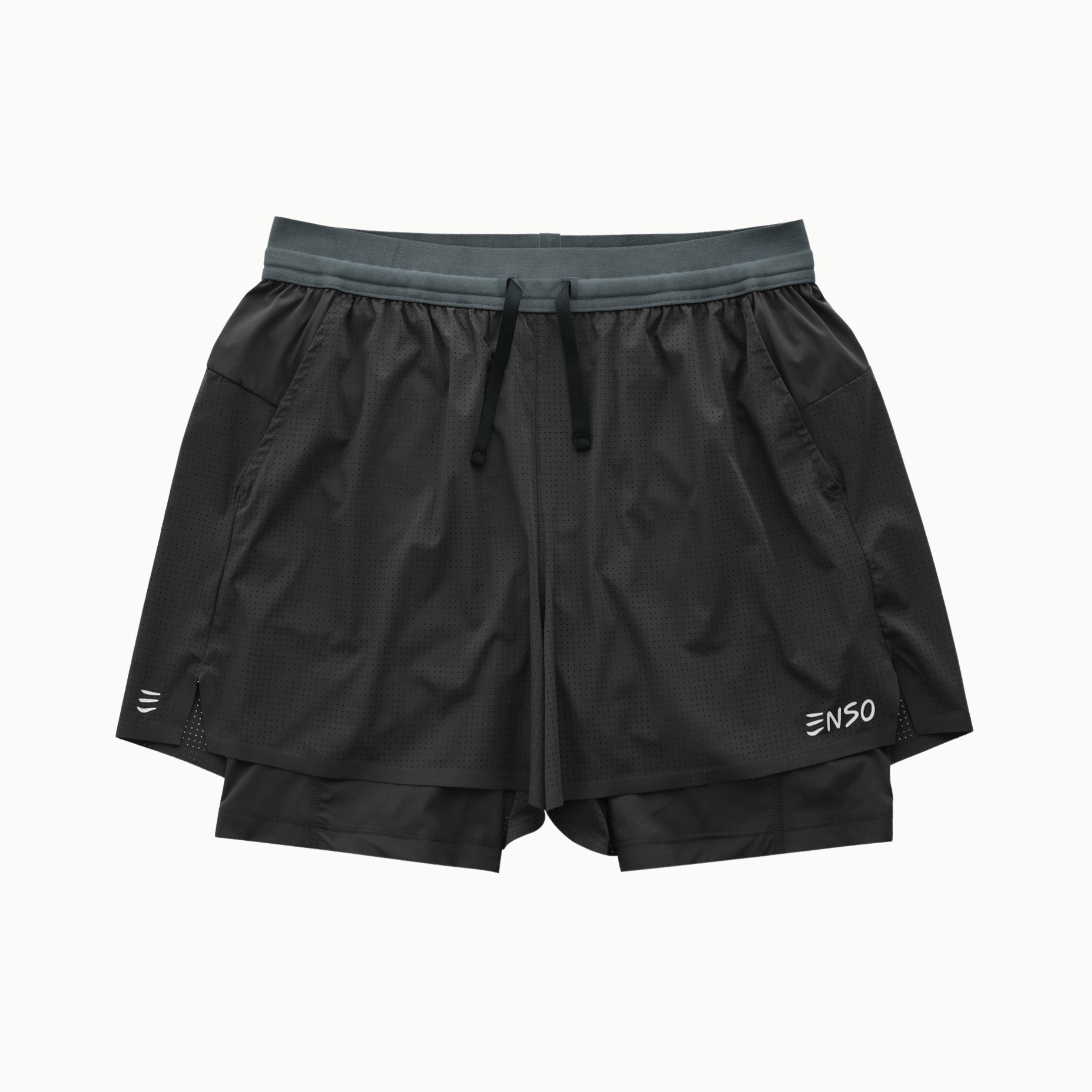 Men's Rhythm Short with compression liner in Dark Grey, flat lay front
