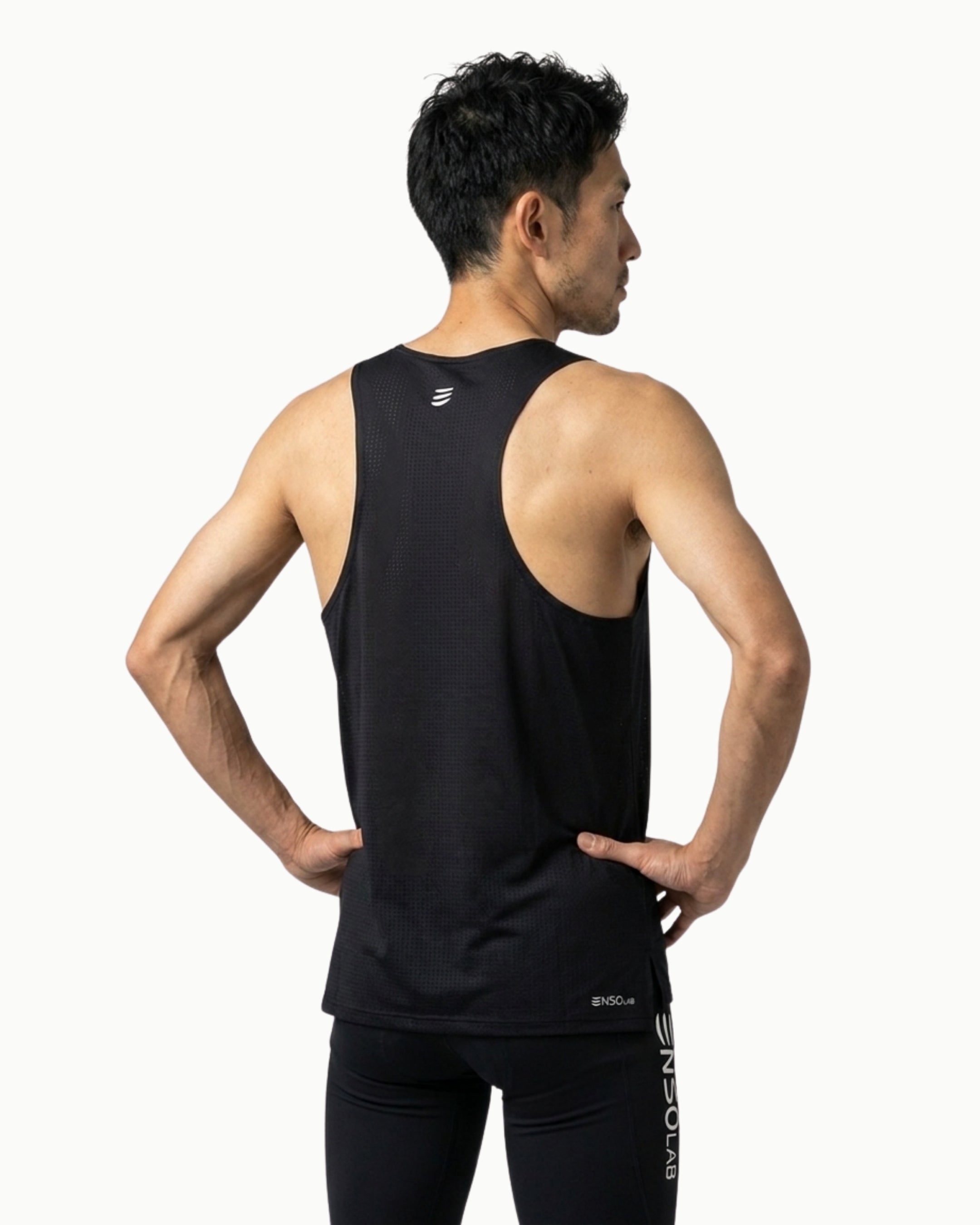 Men's Stride Singlet in Black, back view on model
