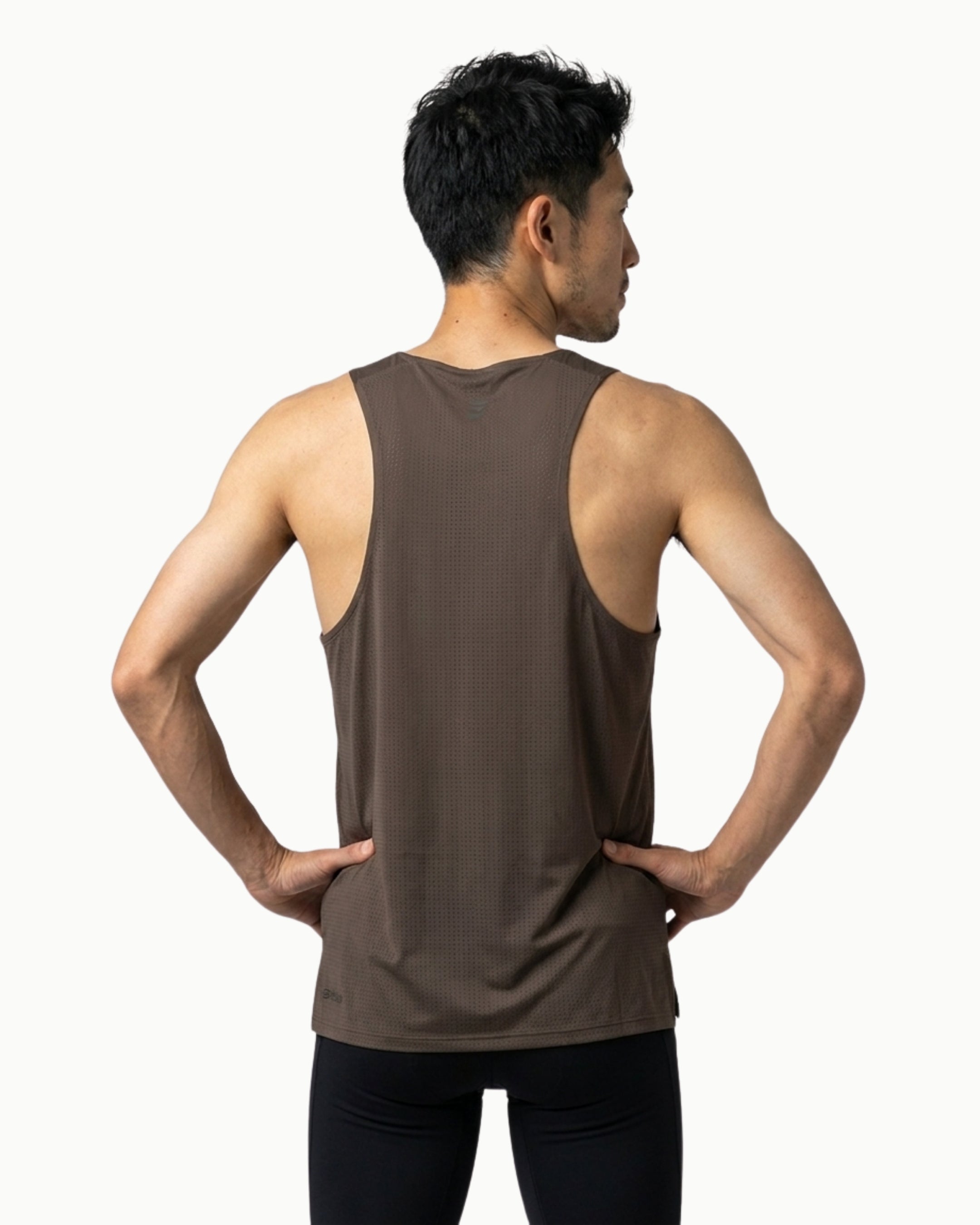 Men's Stride Singlet in Chocolate Martini, back view on model