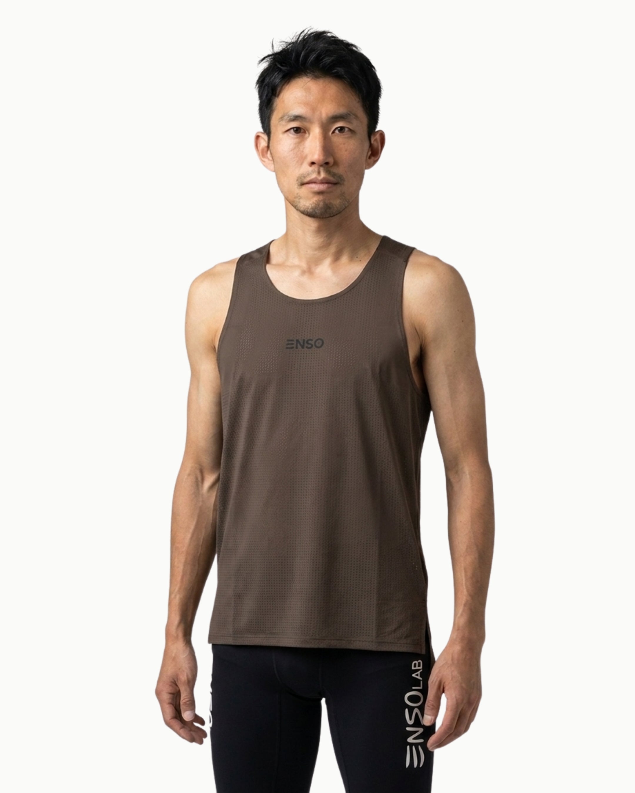 Men's Stride Singlet in Chocolate Martini, front view on model