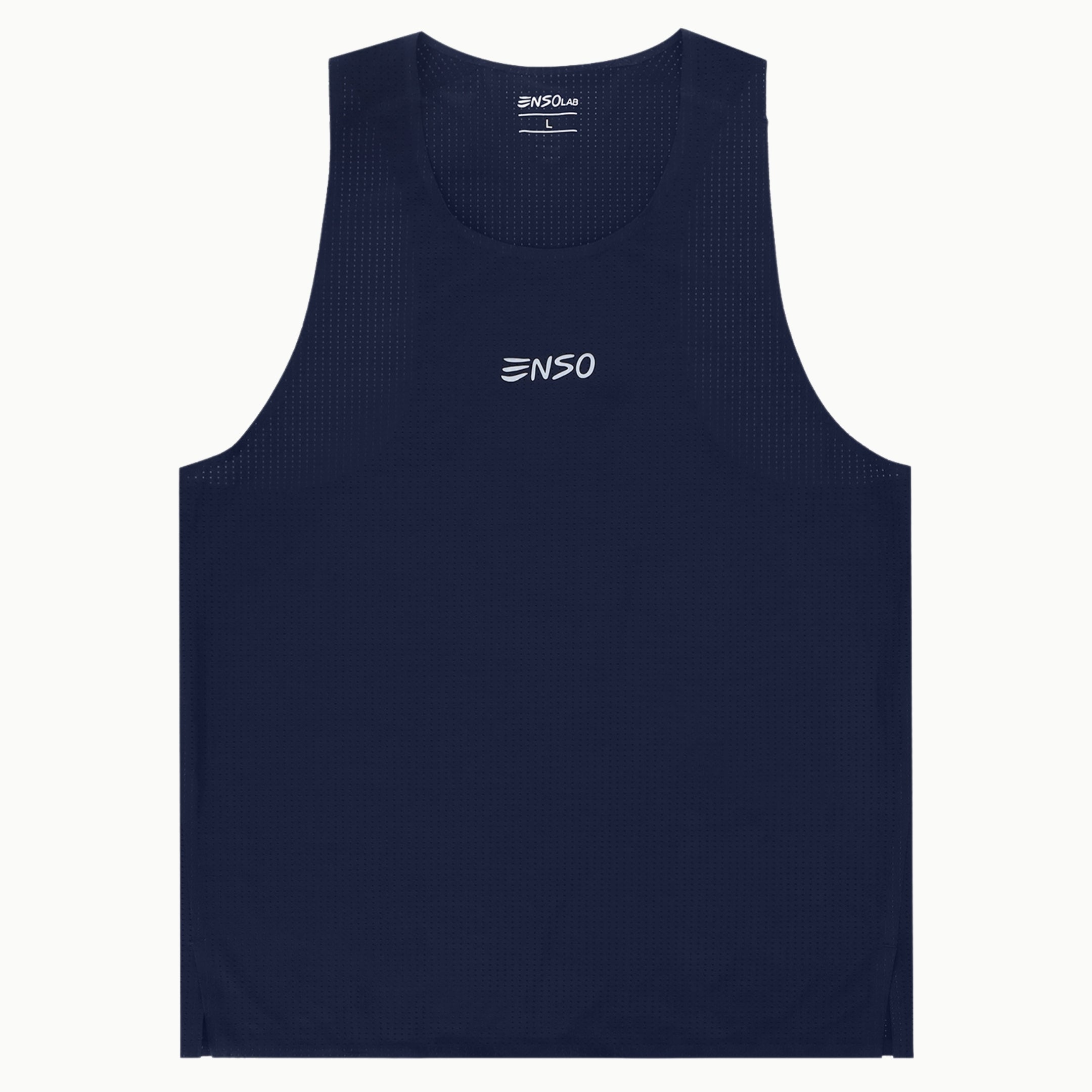 Men's Stride Singlet in Navy, flat lay front