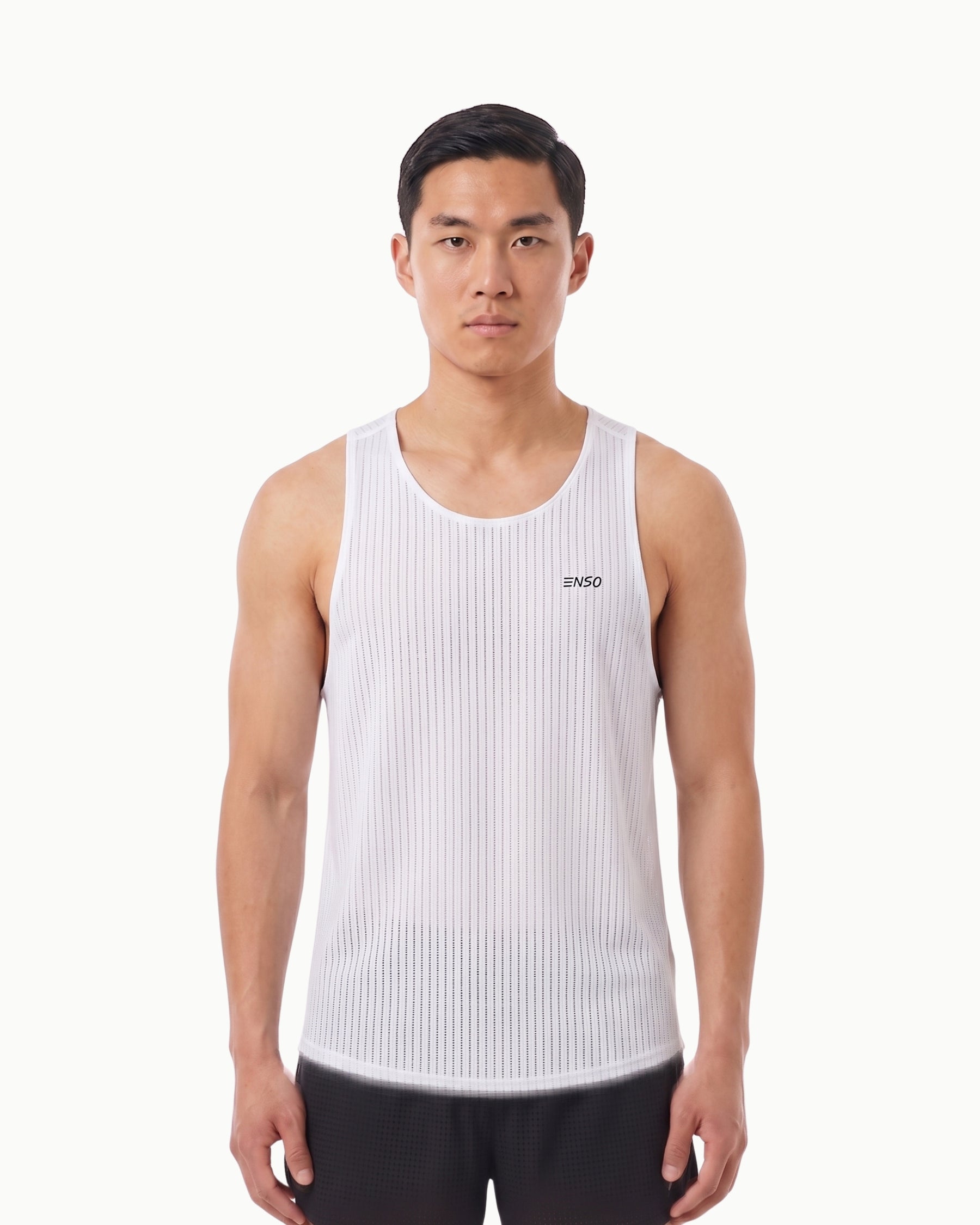 Men's Flow Singlet in White, front view on model