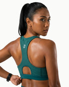 Women's Foundation Bra in Aquamarine Green, back view showing racerback pocket