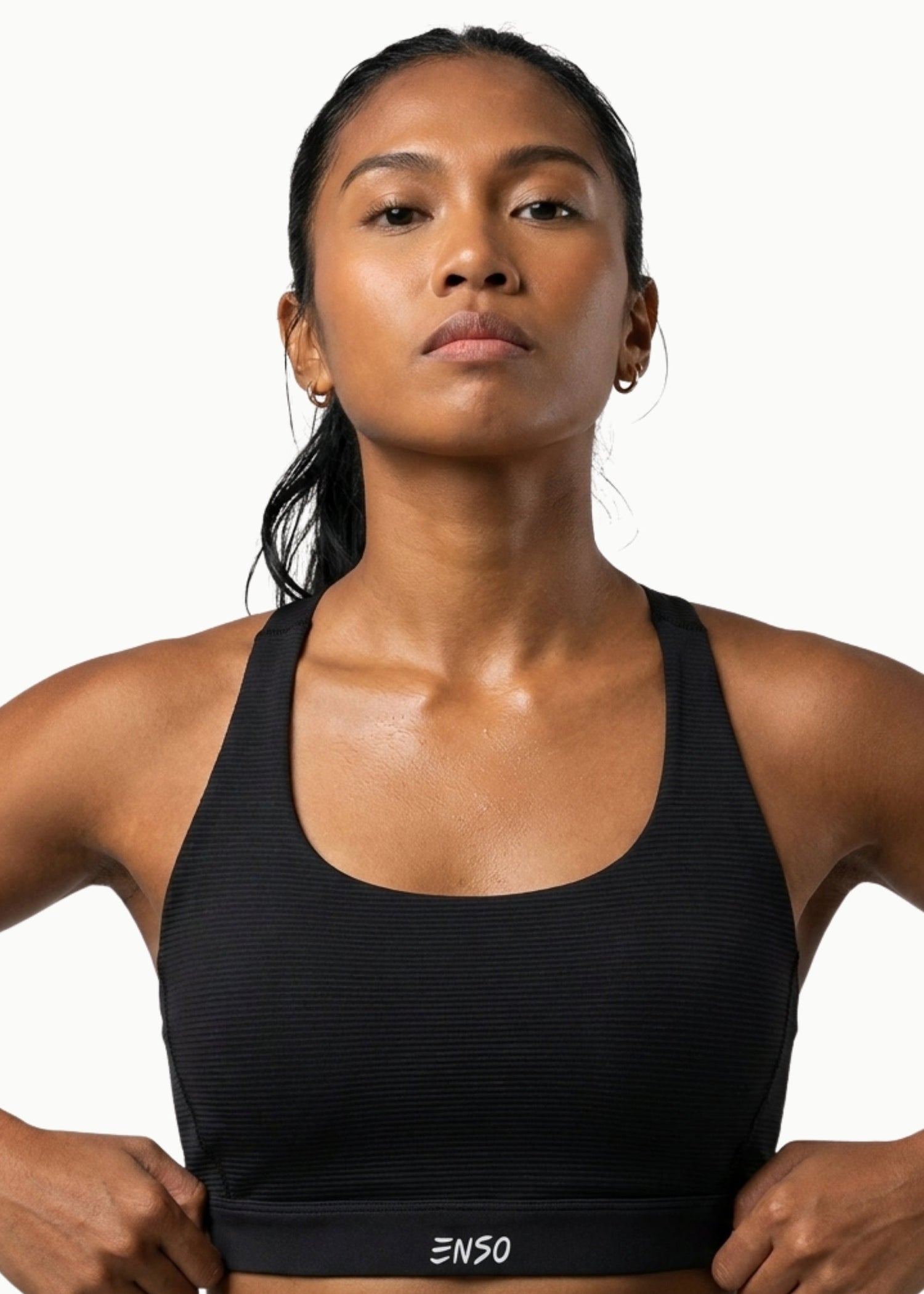 Women's Foundation Bra in Black, front view on model