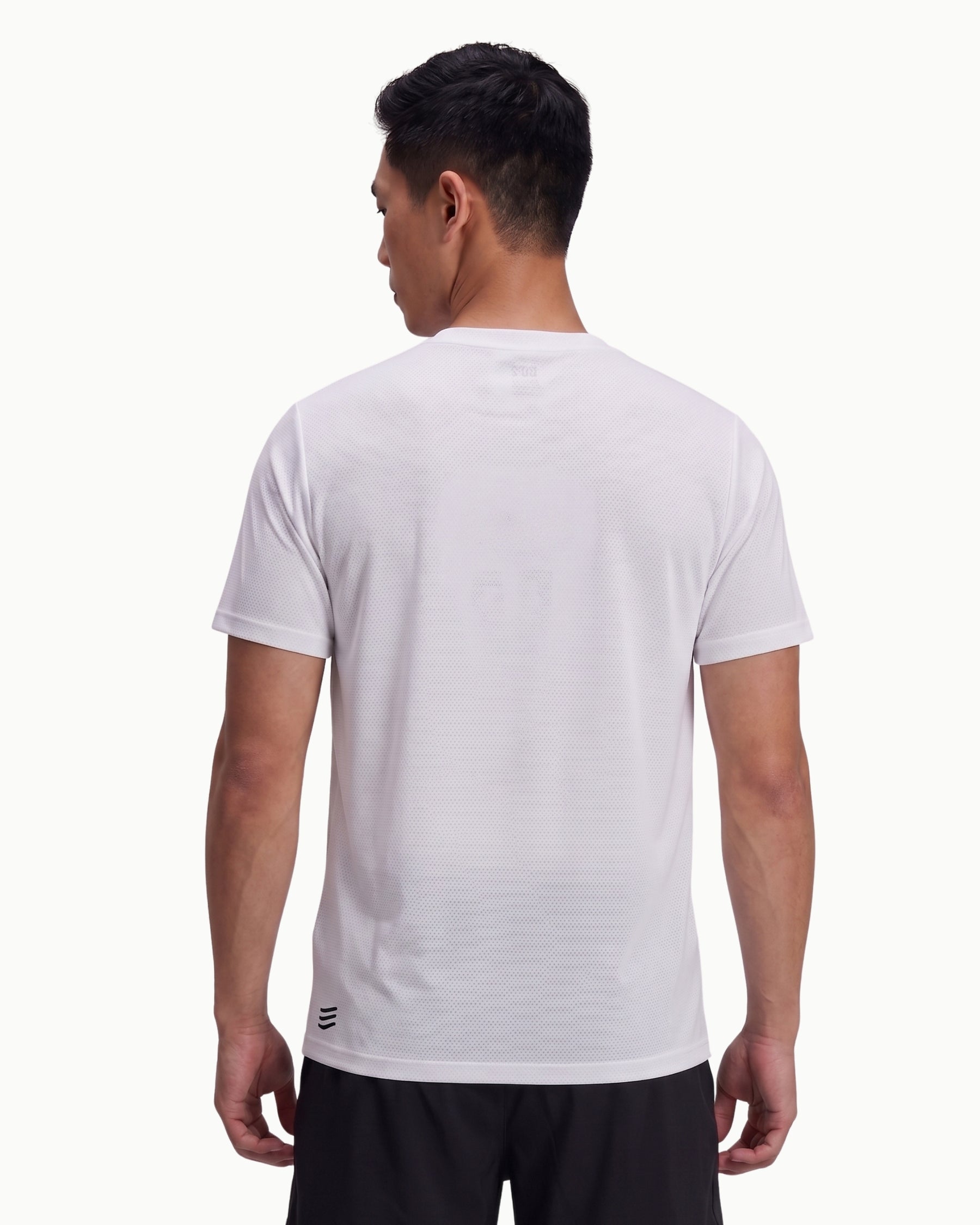 Men's Motion Tee in White performance mesh, back view on model