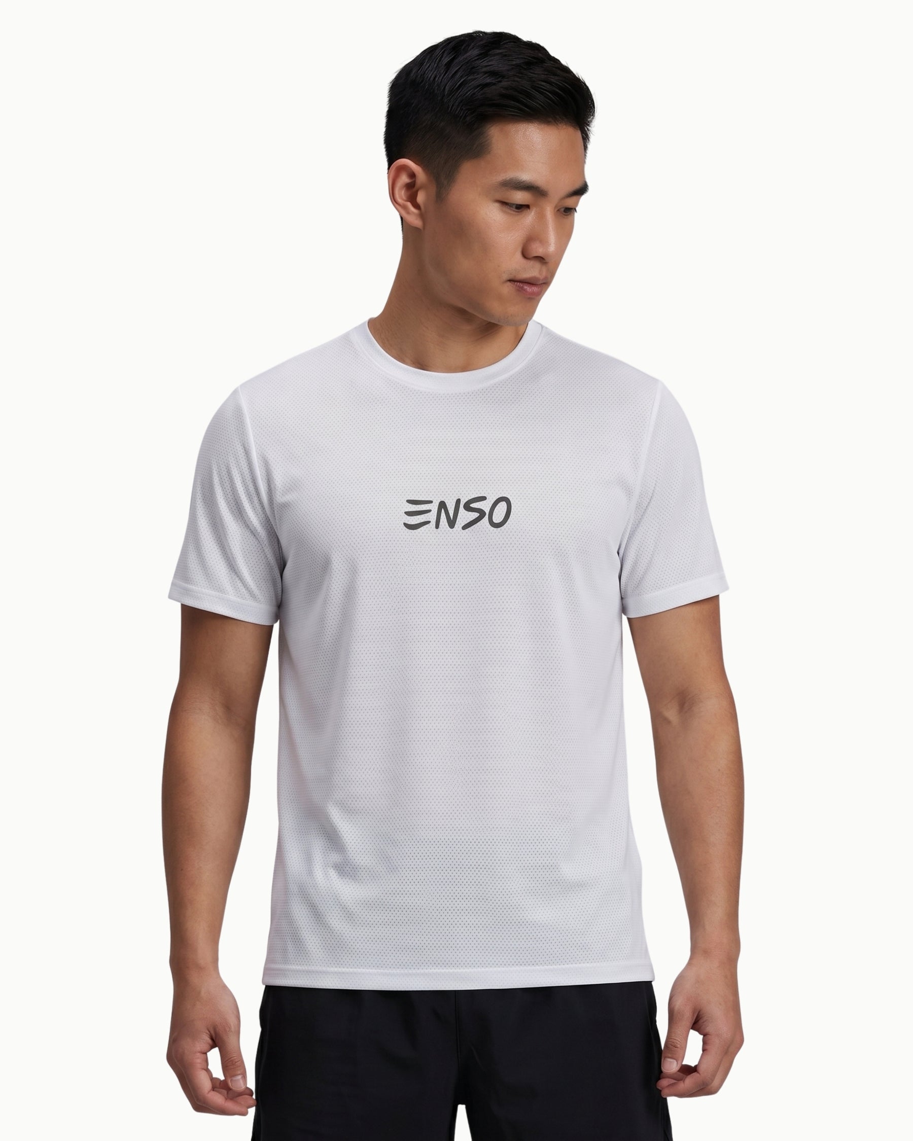 Men's Motion Tee in White performance mesh, front view on model