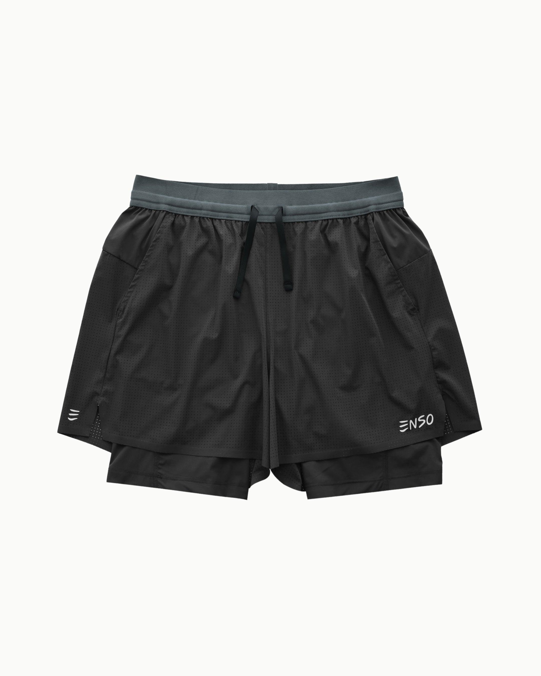 Men's Rhythm Short with compression liner in Dark Grey, flat lay front