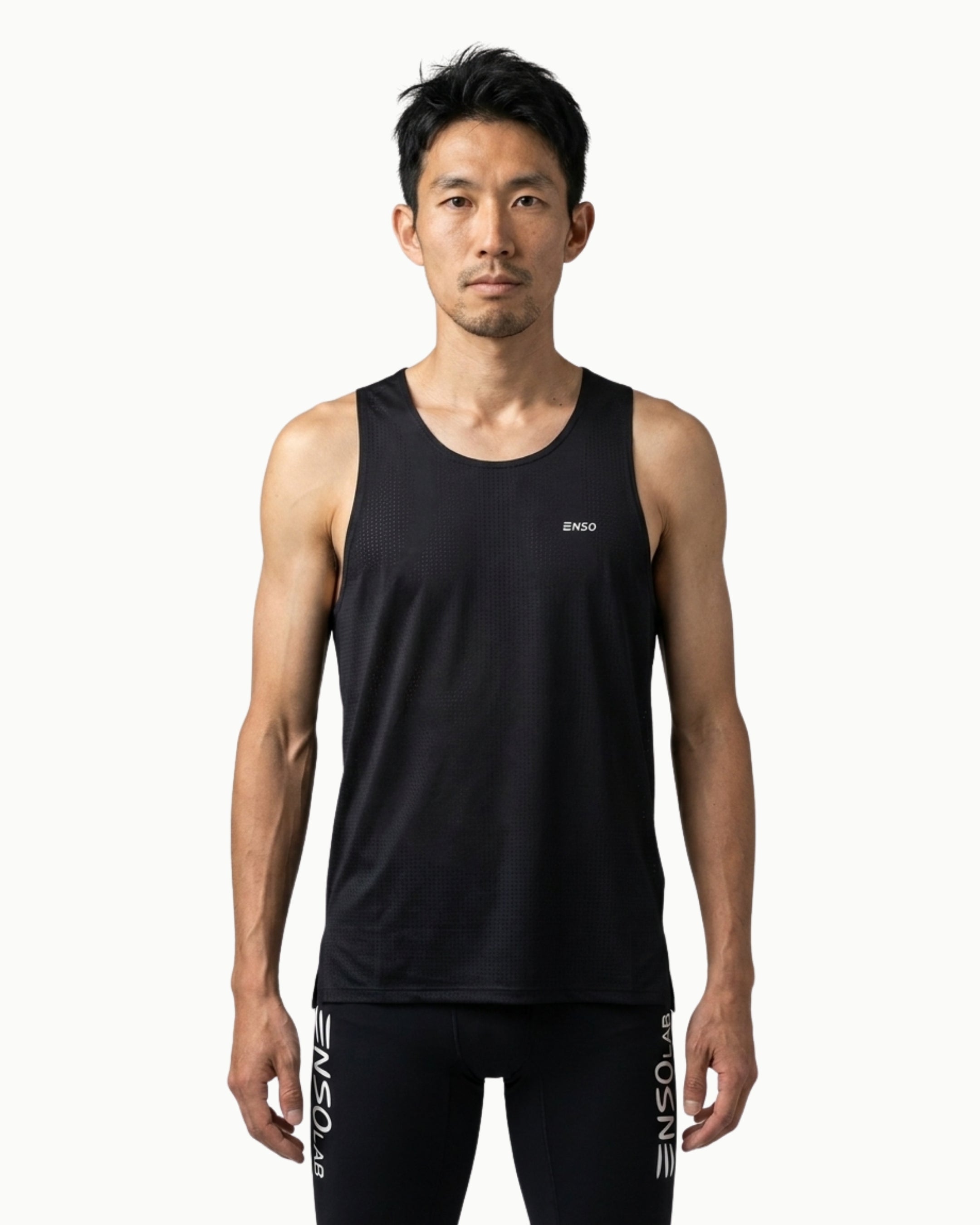 Men's Stride Singlet in Black, front view on model