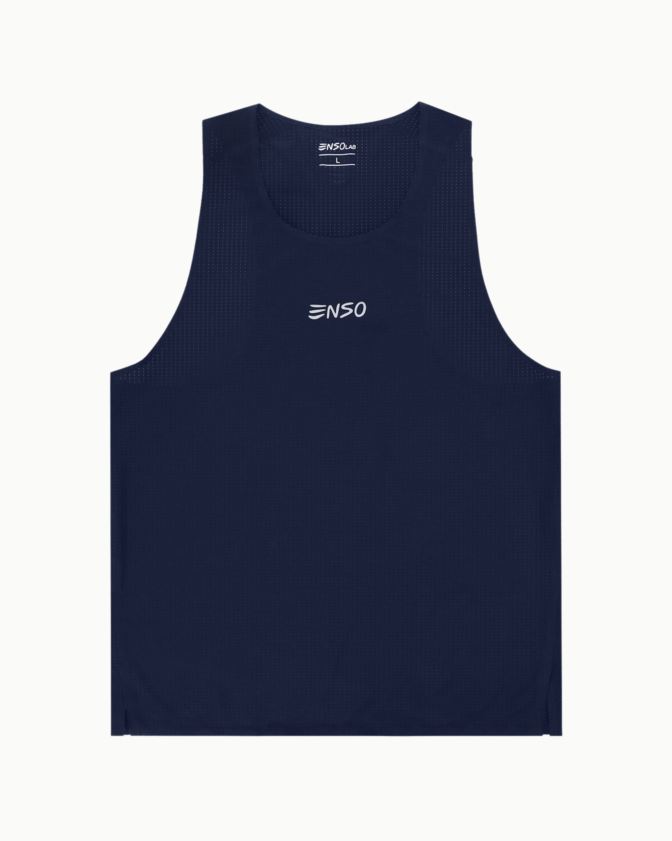 Men's Stride Singlet in Navy, flat lay front