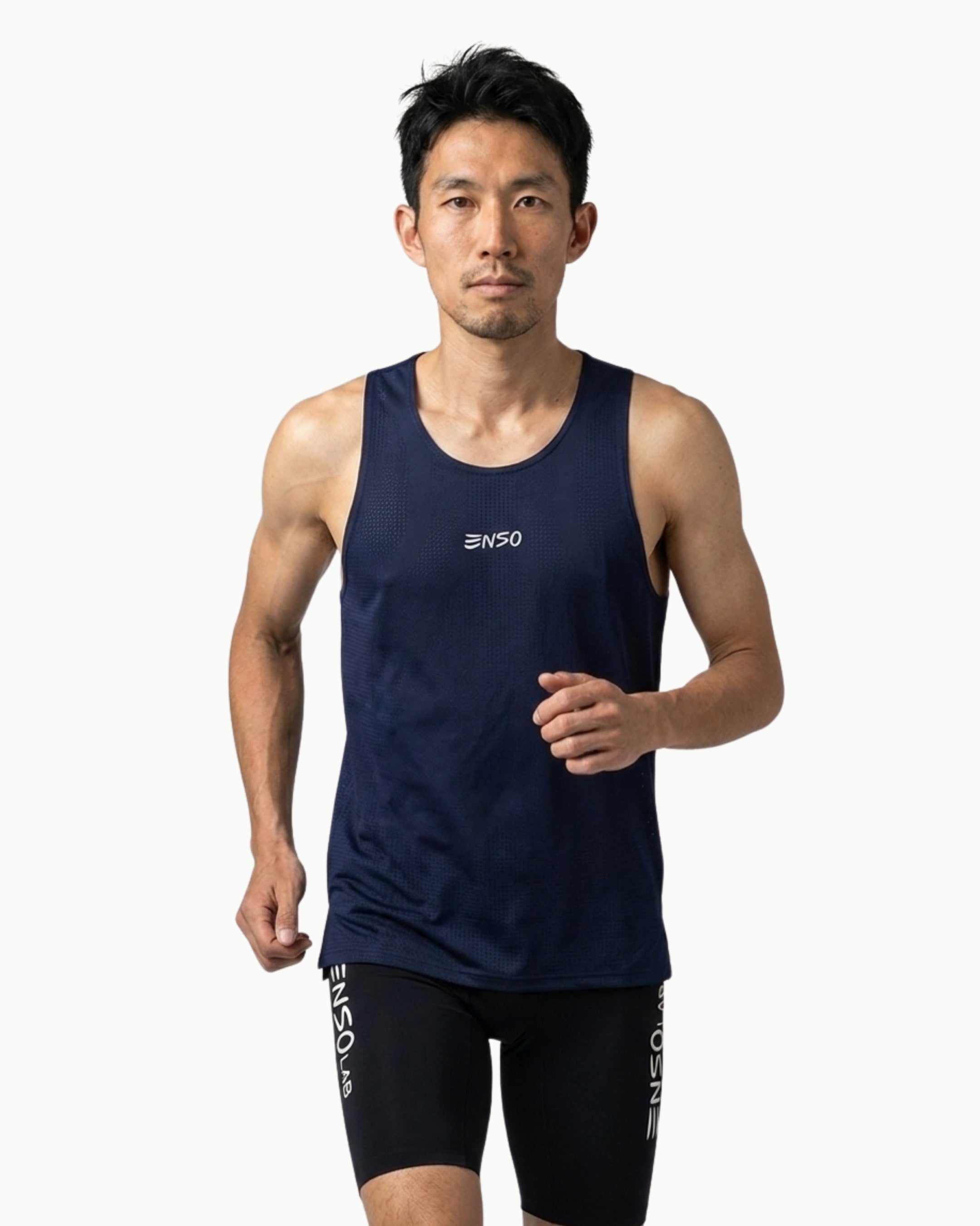 Men's Stride Singlet in Navy, front view on model
